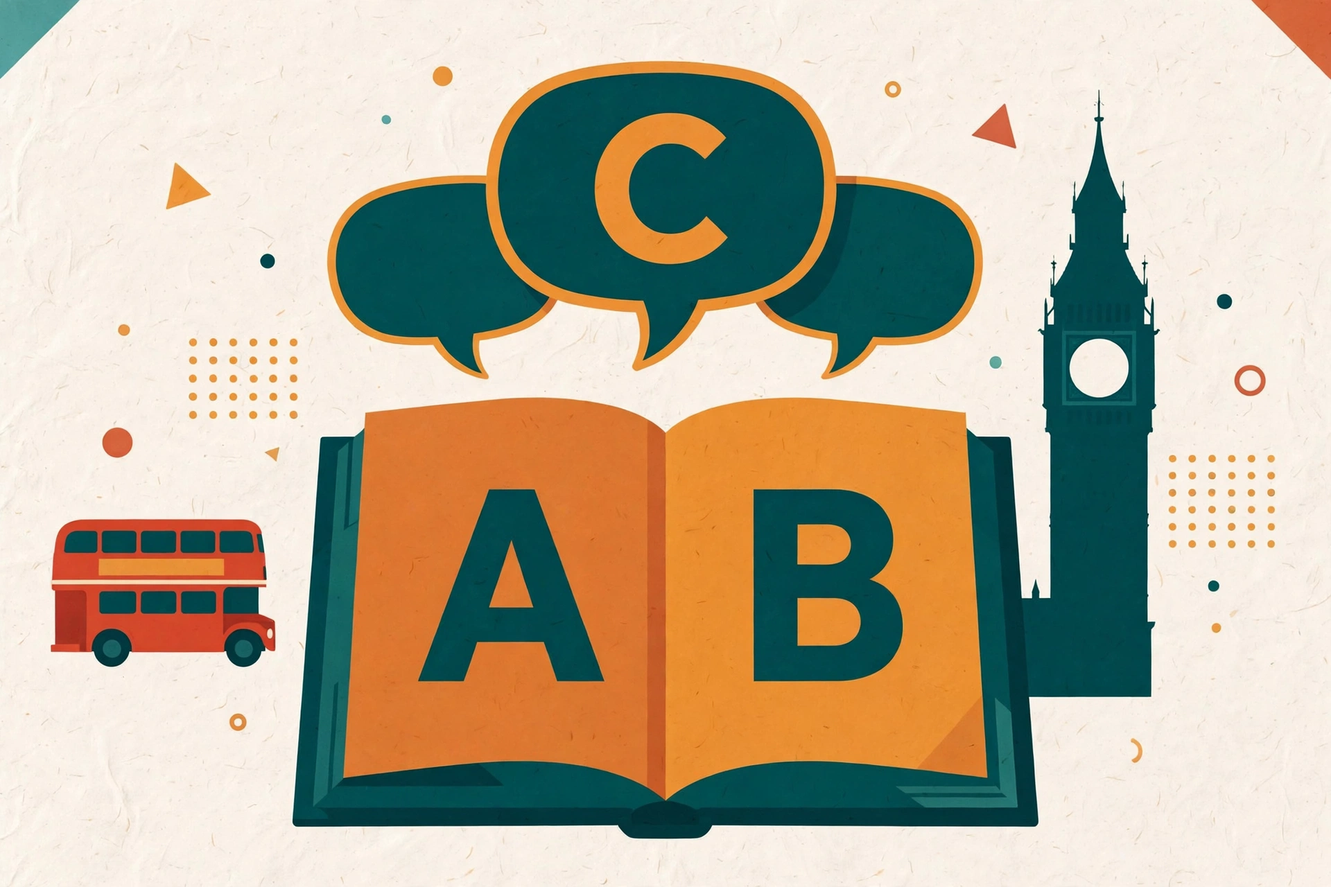 Ilustrasi buku terbuka dengan huruf A, B, C, balon percakapan, bus tingkat merah, dan menara Big Ben