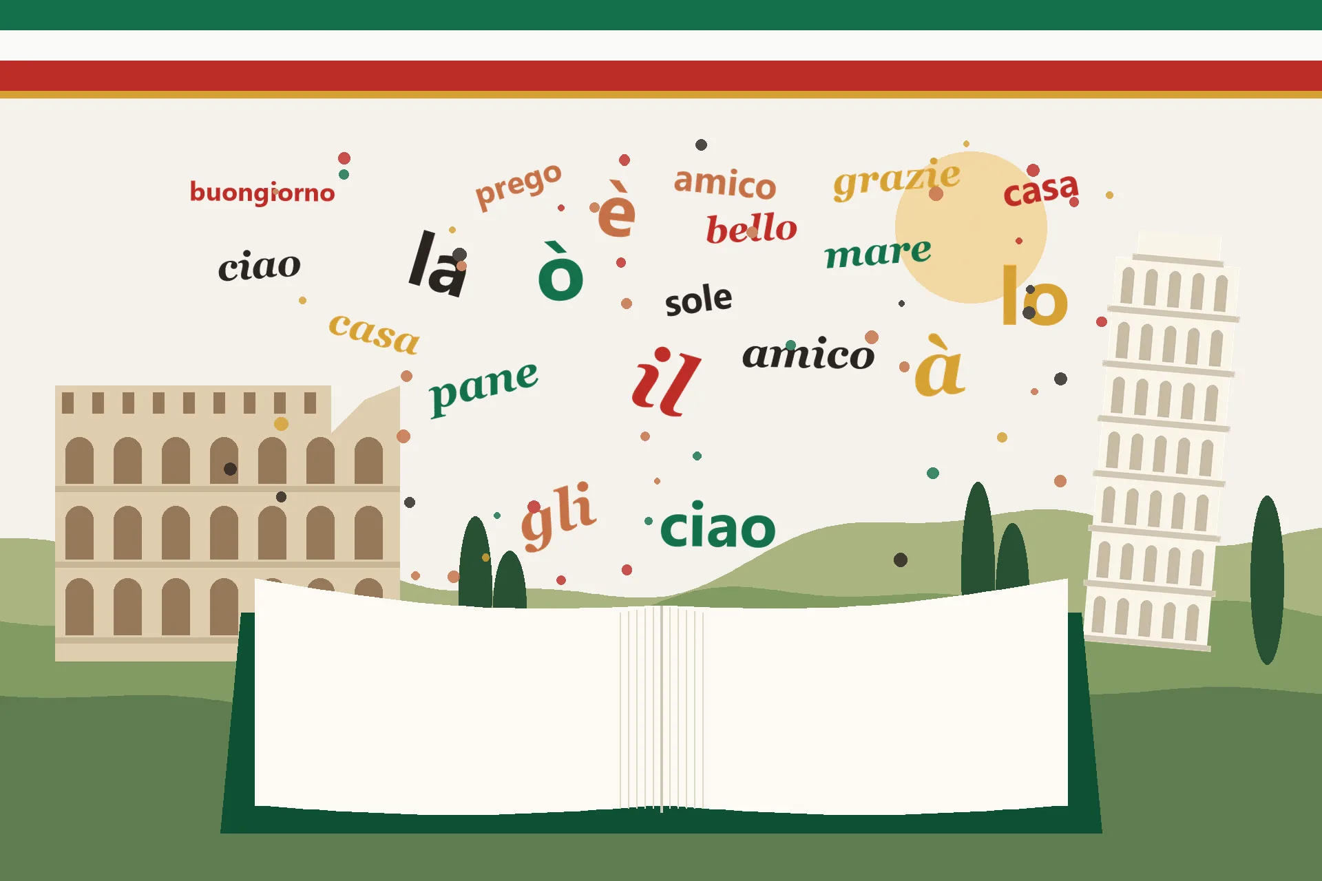 Ilustrasi buku terbuka dengan kata-kata Italia seperti ciao, grazie, il, la yang beterbangan, Colosseum, Menara Pisa, dan pohon cemara