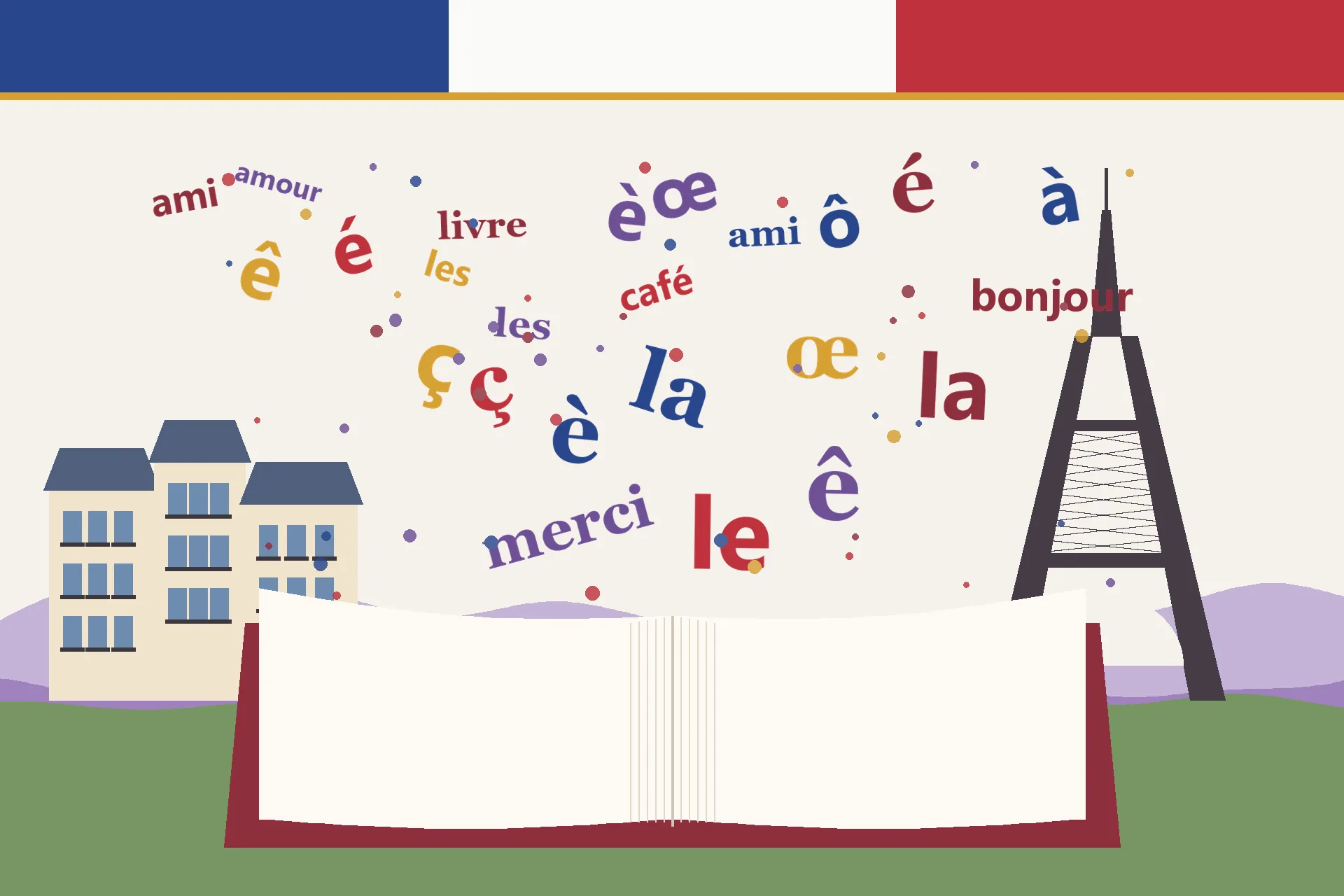 Ilustrasi buku terbuka dengan kata-kata Perancis seperti bonjour, merci, le, la, dan huruf é, ç, œ yang beterbangan, Menara Eiffel, dan deretan bangunan beratap mansard